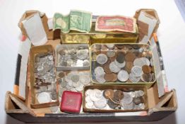 Collection of coins, tokens, two bank notes and coin tin.