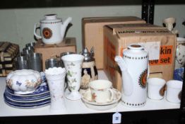 J & G Meakin boxed as new tea and coffee sets, two Indonesian tankards and six beakers,