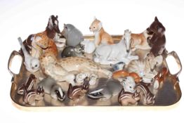 Two trays of Russian animals and birds including Leopards and other cats, foals, rabbits, bears,