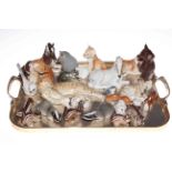 Two trays of Russian animals and birds including Leopards and other cats, foals, rabbits, bears,