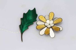 Two Norwegian silver and enamel brooches, Rasmussen leaf 7cm length,