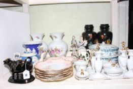 Two pairs of decorative vases, white pottery and gilt decorated trinket set,