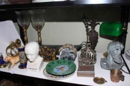 Brass desk lamp, barbola mirror, phrenology head, Beswick dog, pair of brass candlesticks,