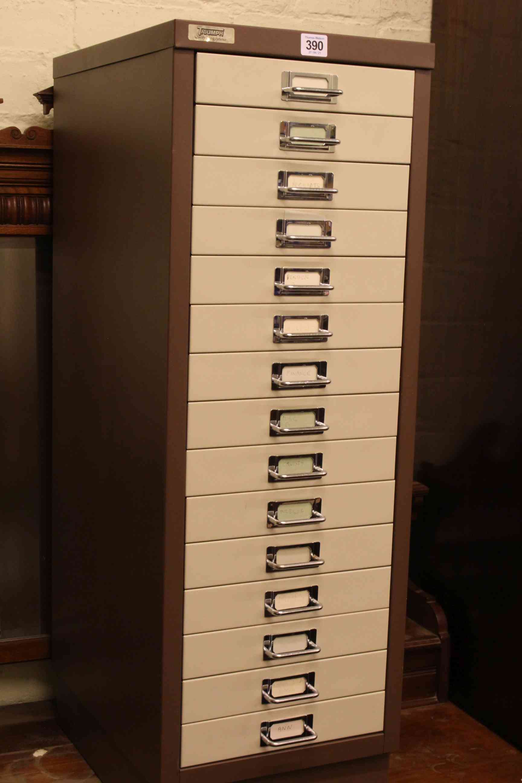 Triumph two tone fifteen drawer index cabinet, 90cm high by 31cm wide by 41cm deep.