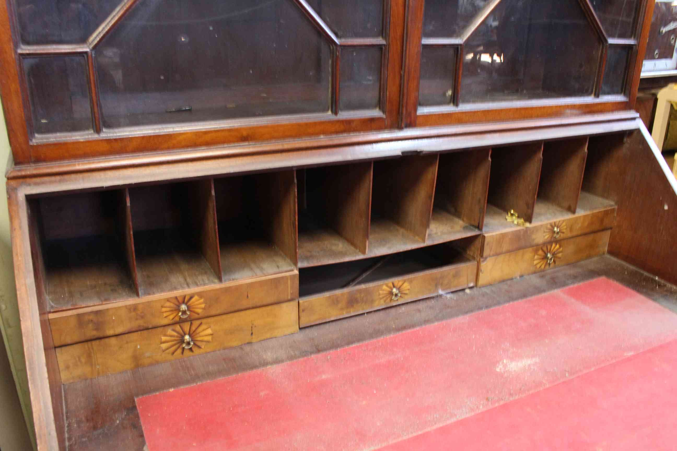 Georgian mahogany bureau bookcase having two astragal glazed doors above a fall front with four - Image 2 of 2