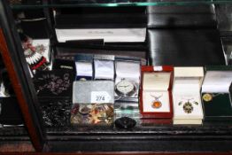 Collection of costume jewellery including Whitby jet, silver, boxed watches,