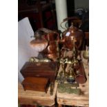 Tea caddy, Victorian opaque oil lamp, highly polished copper teapot, scuttle, trivet and horn,