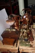 Tea caddy, Victorian opaque oil lamp, highly polished copper teapot, scuttle, trivet and horn,