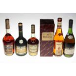 Six bottles of Brandy comprising VSOP Three Barrels, Remy Martin fine Champagne, Majestat Premium,