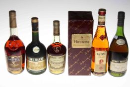 Six bottles of Brandy comprising VSOP Three Barrels, Remy Martin fine Champagne, Majestat Premium,