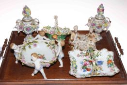 Five pieces of Continental floral encrusted china including pair of lidded vases,