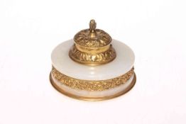 19th Century gilt metal and marble inkwell having acanthus top and ornate pierced band,