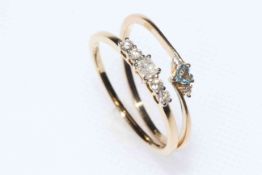 9k gold five stone diamond ring, and 9k gold aquamarine and zircon ring, sizes S,