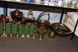 Collection of mostly antique brass wares, including 19th Century candlesticks, three jam pans,