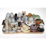 Pottery shoes, Crown Devon dog, three Halcyon Days pill boxes, Maling bowl, WH Goss jug,