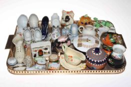 Pottery shoes, Crown Devon dog, three Halcyon Days pill boxes, Maling bowl, WH Goss jug,