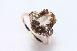 9k rose gold Champagne Danburite and zircon ring, size P/Q, with certificate.