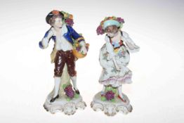 Pair Sitzendorf porcelain figures of maiden and gallant fruit pickers, 23cm, blue mark.