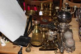 Collection of metalwares and silver plate including bellows, trivet, jam pans, candlesticks, teapot,