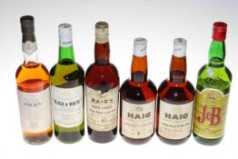 Six bottle of whisky comprising Oban Single Malt, Rare J & B, Black and White,