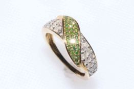 Green and white diamond 9k gold Tomas Rae ring, size N/O, with certificate.