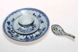 Tek Sing blue and white dish, 18.5cm diameter, tea bowl and saucer, and small ladle (4).