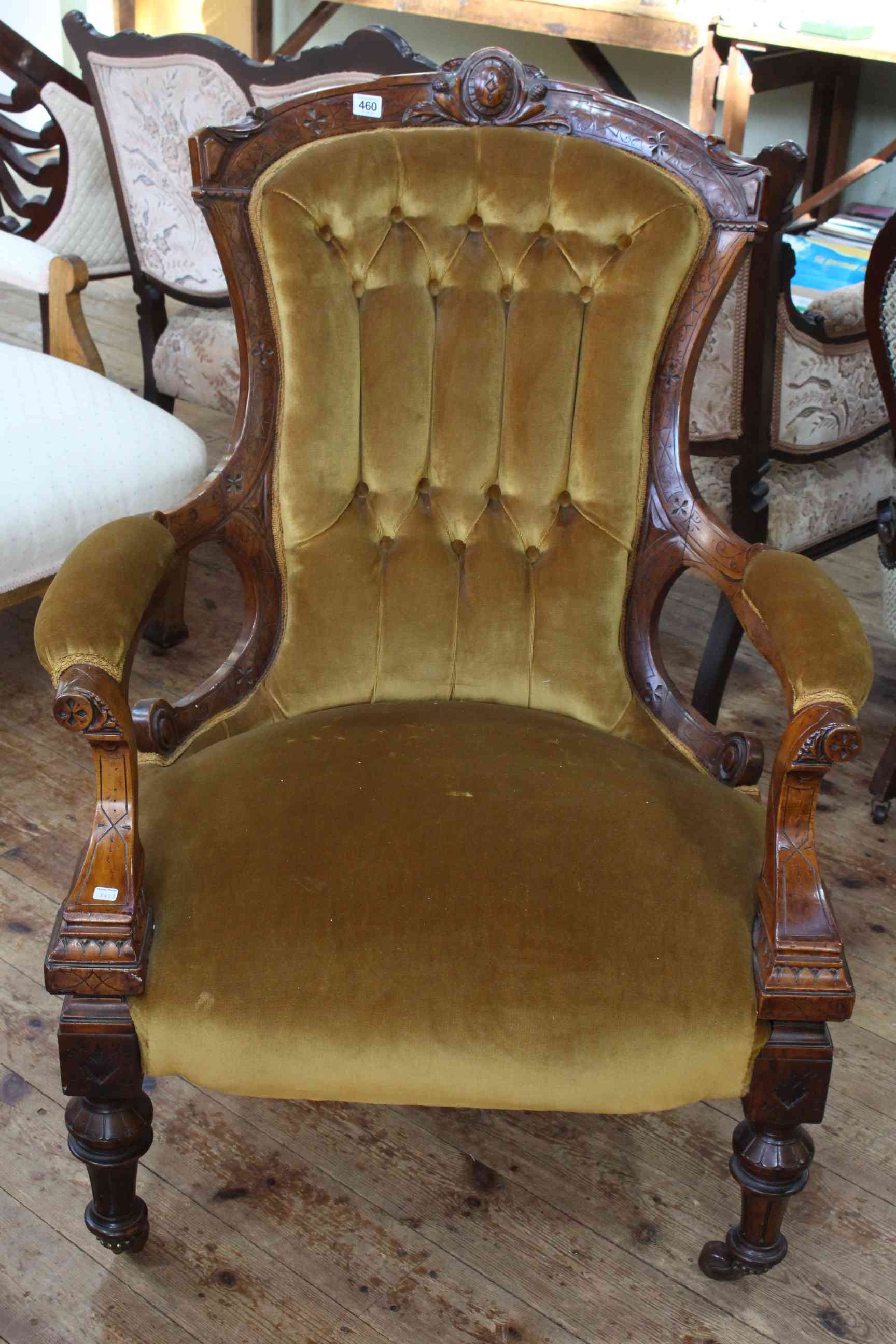 Victorian walnut framed open arm gents chair in button draylon.
