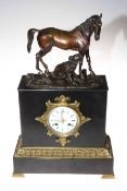 Victorian slate and brass bounded mantel clock on brass column feet depicting a horse and hound,