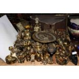 Large collection of metalwares including bellows, horsebrasses, lighter, teapot, carriage clock,