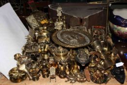 Large collection of metalwares including bellows, horsebrasses, lighter, teapot, carriage clock,