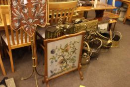 Victorian brass tripod pole screen, four firescreens, brass framed mirror,