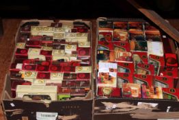 Two tray boxes of Diecast toy cars including Days Gone, Matchbox, Models of Yesteryear.