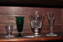 Late 18th Century faceted stem wine glass, antique Bristol green glass, rummer and jelly glass (4).
