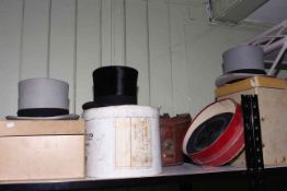 Two grey top hats with original card boxes, Alf Pellett black top hat with card box,