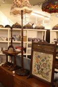 Oak nest of three tables, tripod wine table, standard lamp and shade,