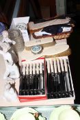 Lladro and two Nao figures, vintage ladies gloves, two sets of cased knives,