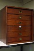 Mahogany campaign style six drawer specimen chest, 56cm high by 49cm wide by 35cm deep.
