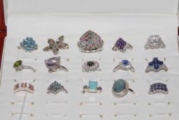 Collection of fifteen gem set silver rings including tourmaline, topaz, amethyst, etc,