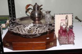 Collection of silver plated wares including serving trays, cased cutlery, two handled bowl,