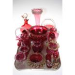 Collection of 19th Century cranberry glass including decanter, spill vase, baskets, bowls, etc.