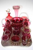 Collection of 19th Century cranberry glass including decanter, spill vase, baskets, bowls, etc.