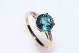Large topaz and zircon 9k gold ring, topaz 3.28 carat, size R/S, with certificate.