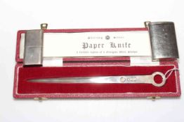 Cased silver 'meat skewer' paper knife, silver 'Howitt' lighter 1946,