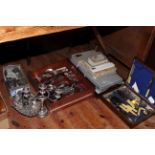 Collection of metalwares including boxed and cased cutlery, candelabra, mugs, cellars.