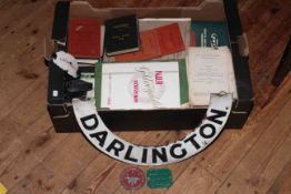Collection of railway ephemera, Darlington enamel sign and small signs.