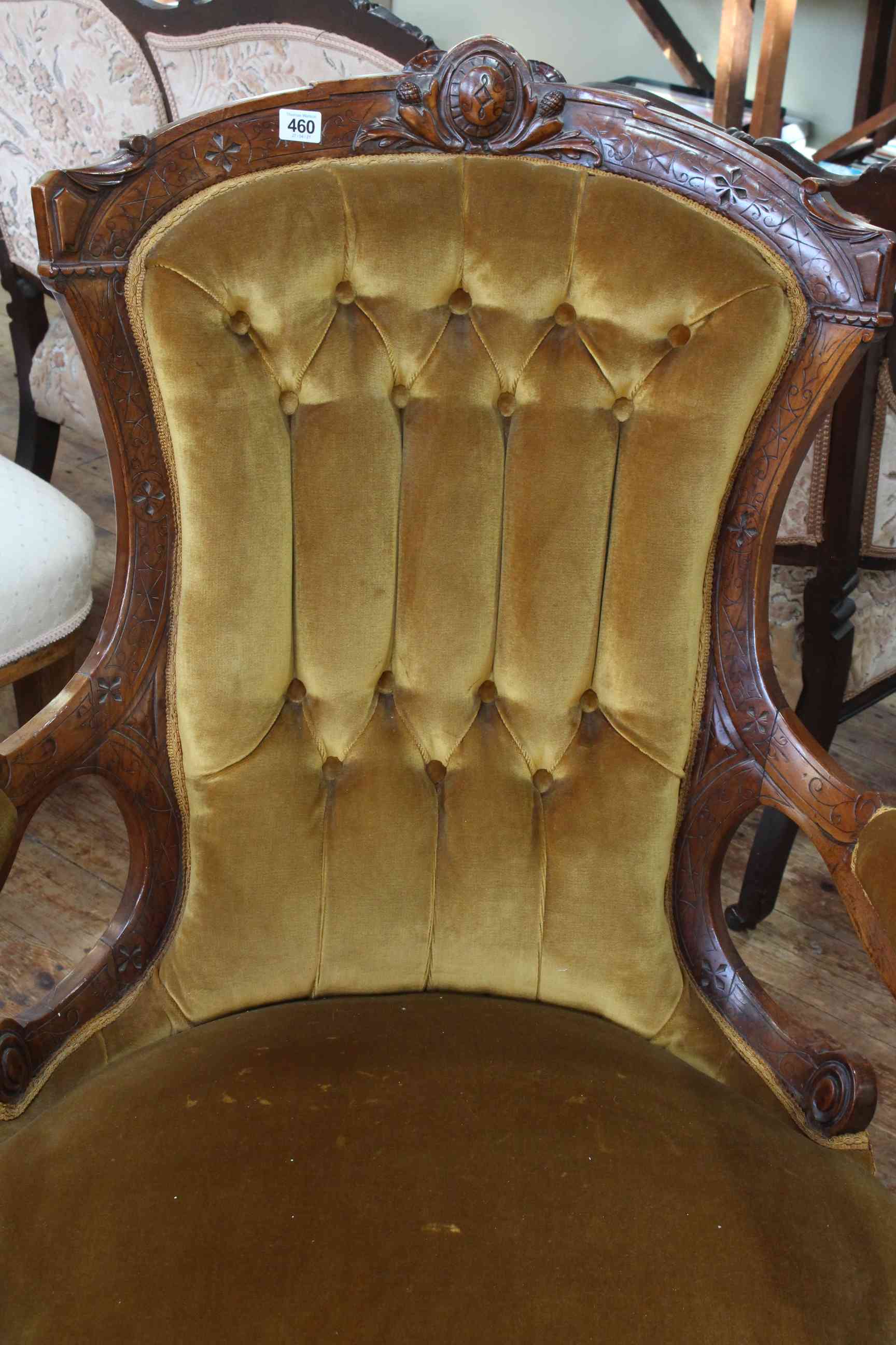 Victorian walnut framed open arm gents chair in button draylon. - Image 3 of 3