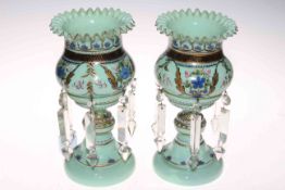 Pair Victorian opaque glass lustres with painted decoration and drops, 26cm.