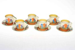 Set of six Clarice Cliff 'Crocus' coffee cans and saucers.