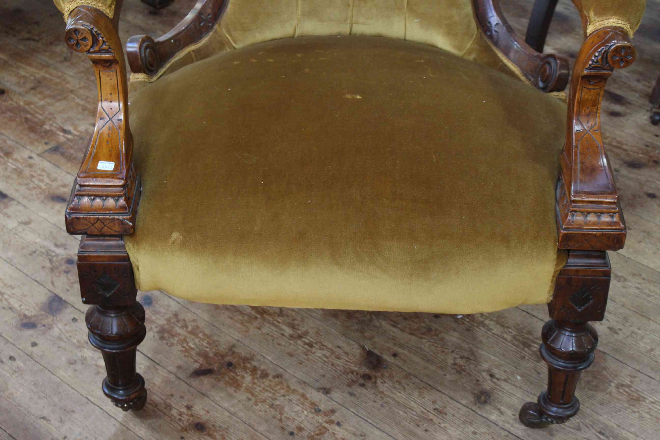 Victorian walnut framed open arm gents chair in button draylon. - Image 2 of 3