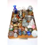 Phoenix glass vase, glass and pottery eggs, glass paperweights, shells, trinket boxes, etc.